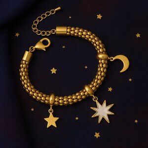 🆕️18K Gold Plated Charm Bracelet with Moon & Star Celestial Pendants 🌙✨
